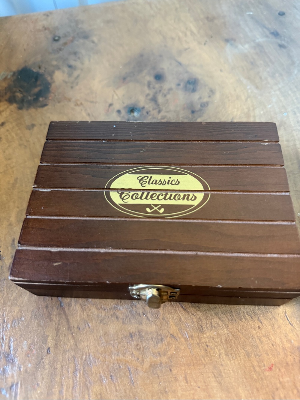 Golf Playing Cards in Brown Wooden Box with Gold Accent